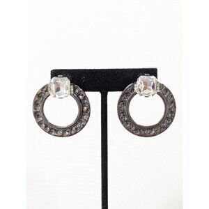 Western Chic Gray Metallic Hammered Style Round Rhinestone Hoop Earrings Stateme